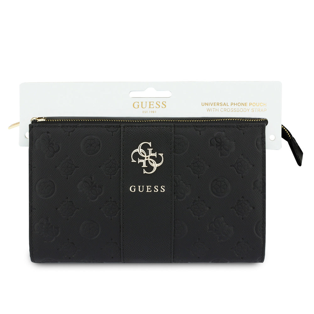 Zwarte Guess telefoontas met verticale patroonbanen en 4G-logo op verpakkingskaart