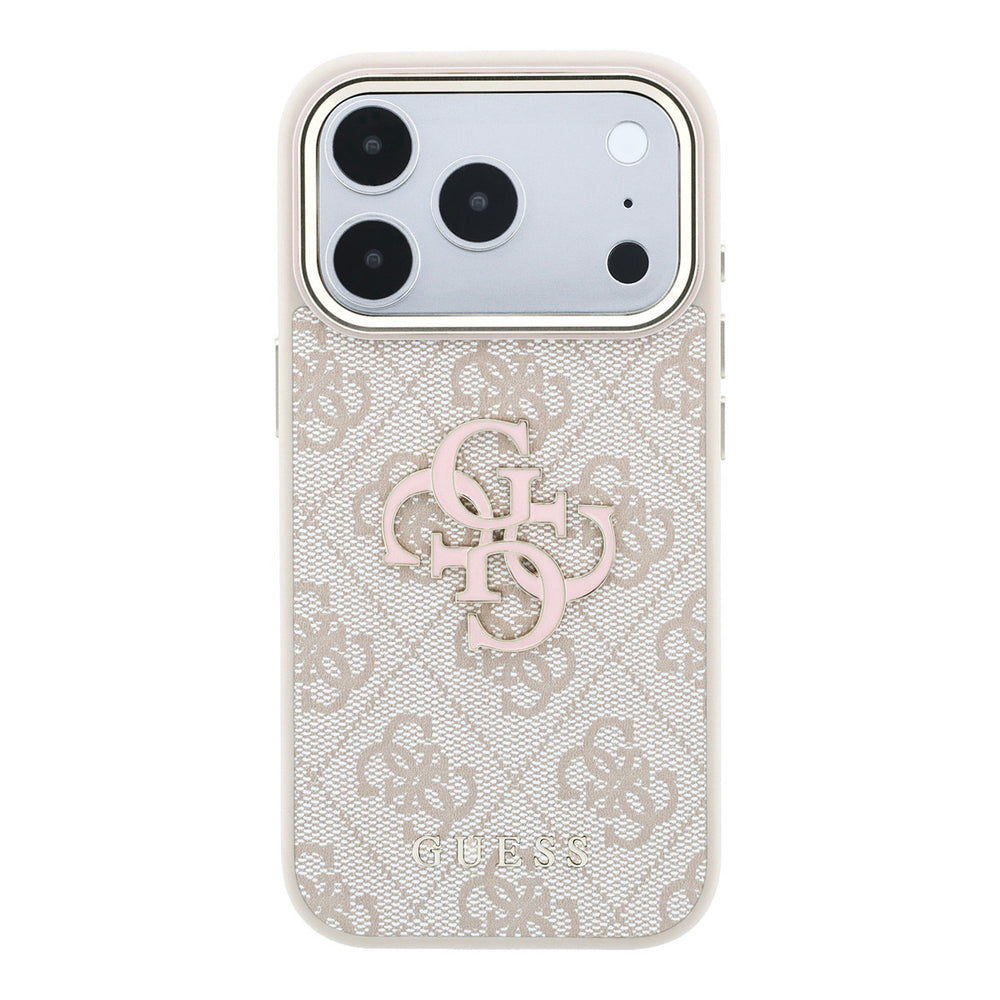 Lichtgekleurd Guess telefoonhoesje met 4G-patroon en groot 4G-logo, van achteren
