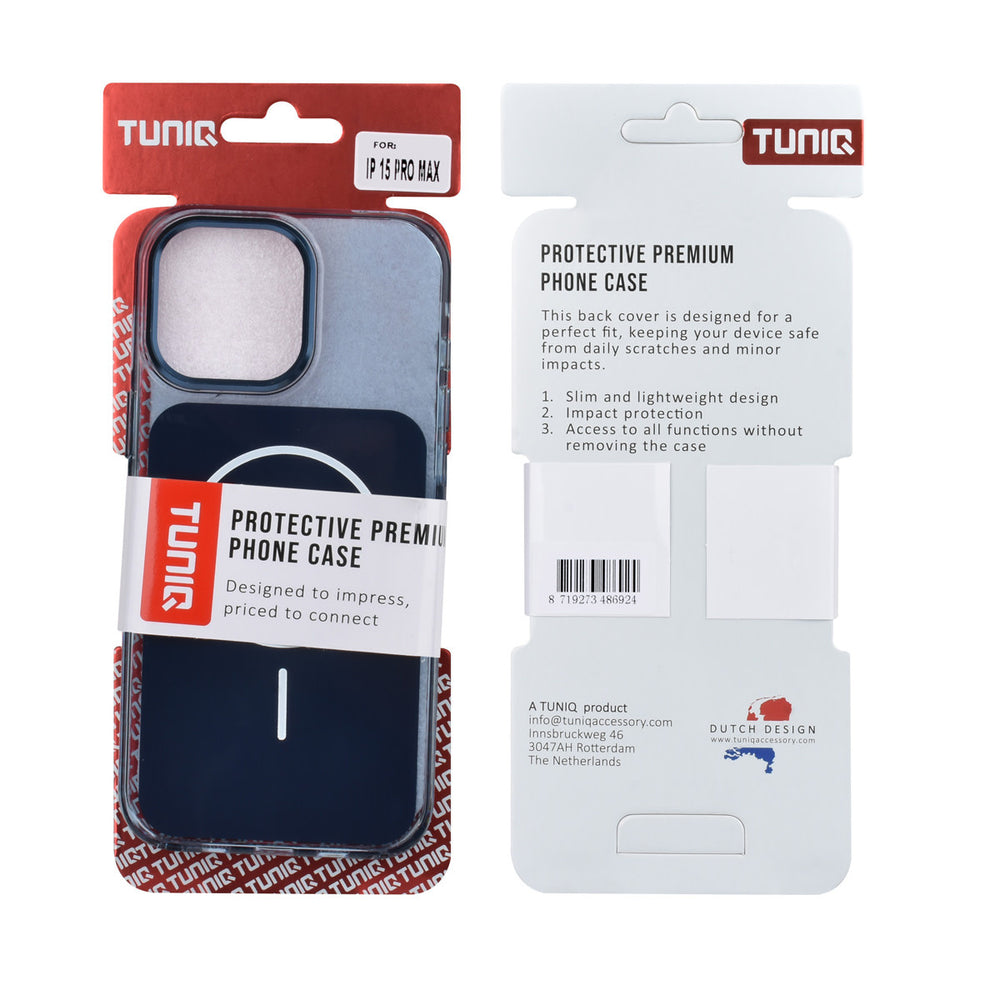 Voor- en achterkant van verpakking van blauw TUNIQ telefoonhoesje met witte ring