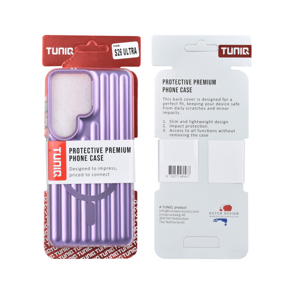 Voor- en achterkant van verpakking van paars TUNIQ telefoonhoesje met verticale ribbels en ring
