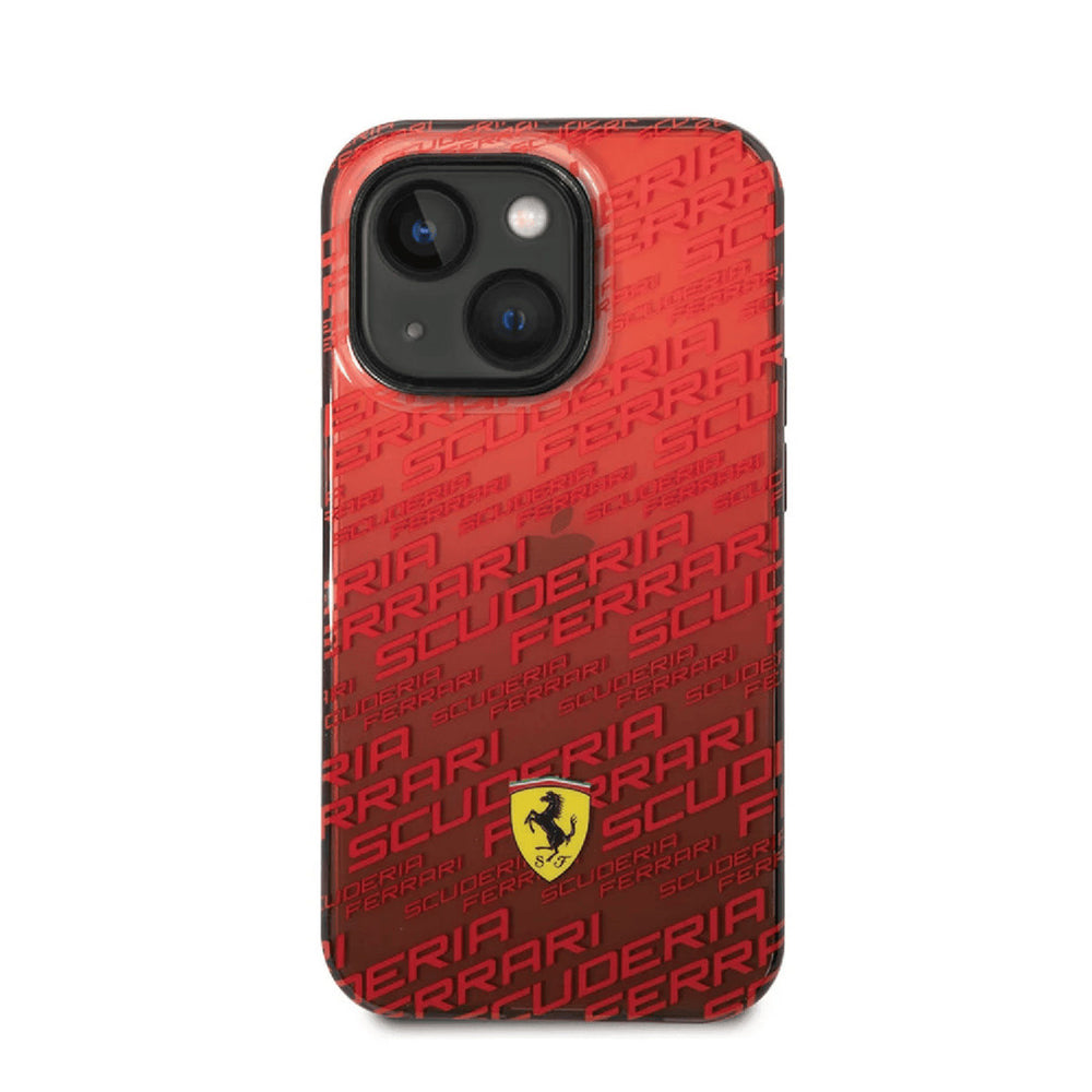 Rood Ferrari telefoonhoesje met letterpatroon en geel schildlogo, van achteren