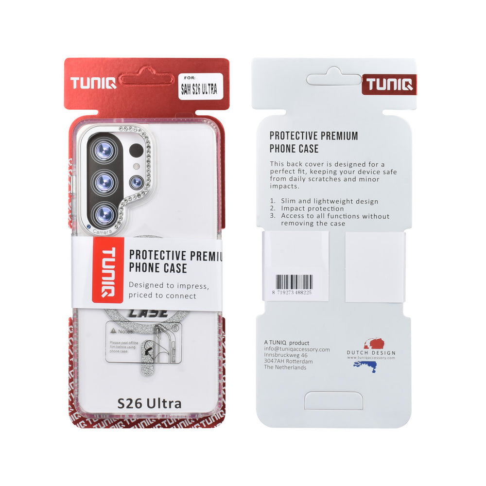 Voor- en achterkant van verpakking van transparant TUNIQ telefoonhoesje met zilverkleurige glitterring en rand