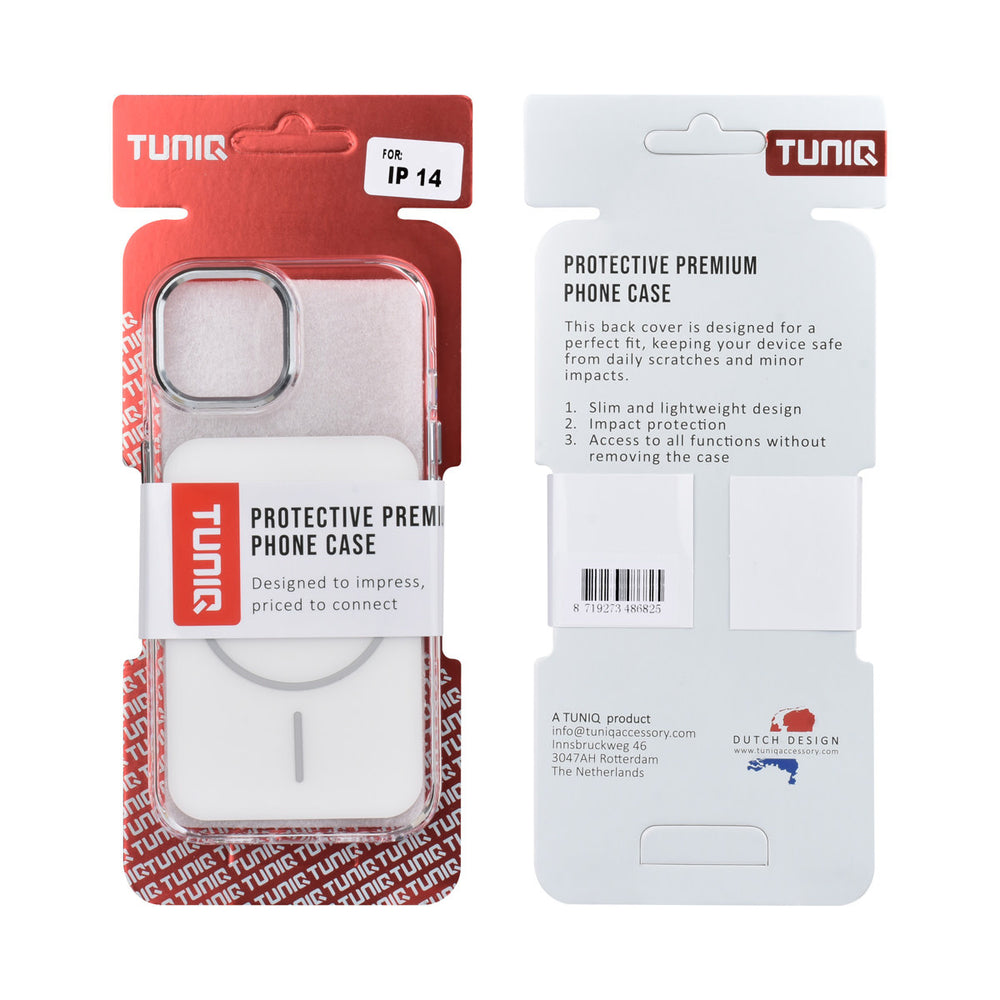 Voor- en achterkant van verpakking van wit TUNIQ telefoonhoesje met grijze ring