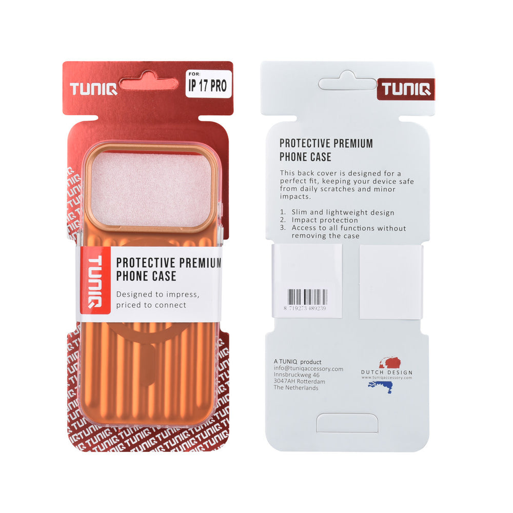 Voor- en achterkant van verpakking van oranje TUNIQ telefoonhoesje met verticale ribbels en ring