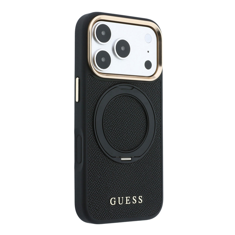 Zwart Guess telefoonhoesje met ingeklapte ringstandaard, schuin van achteren