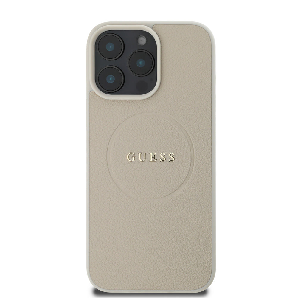 Beige Guess telefoonhoesje met rond logo en fijne structuur, van achteren