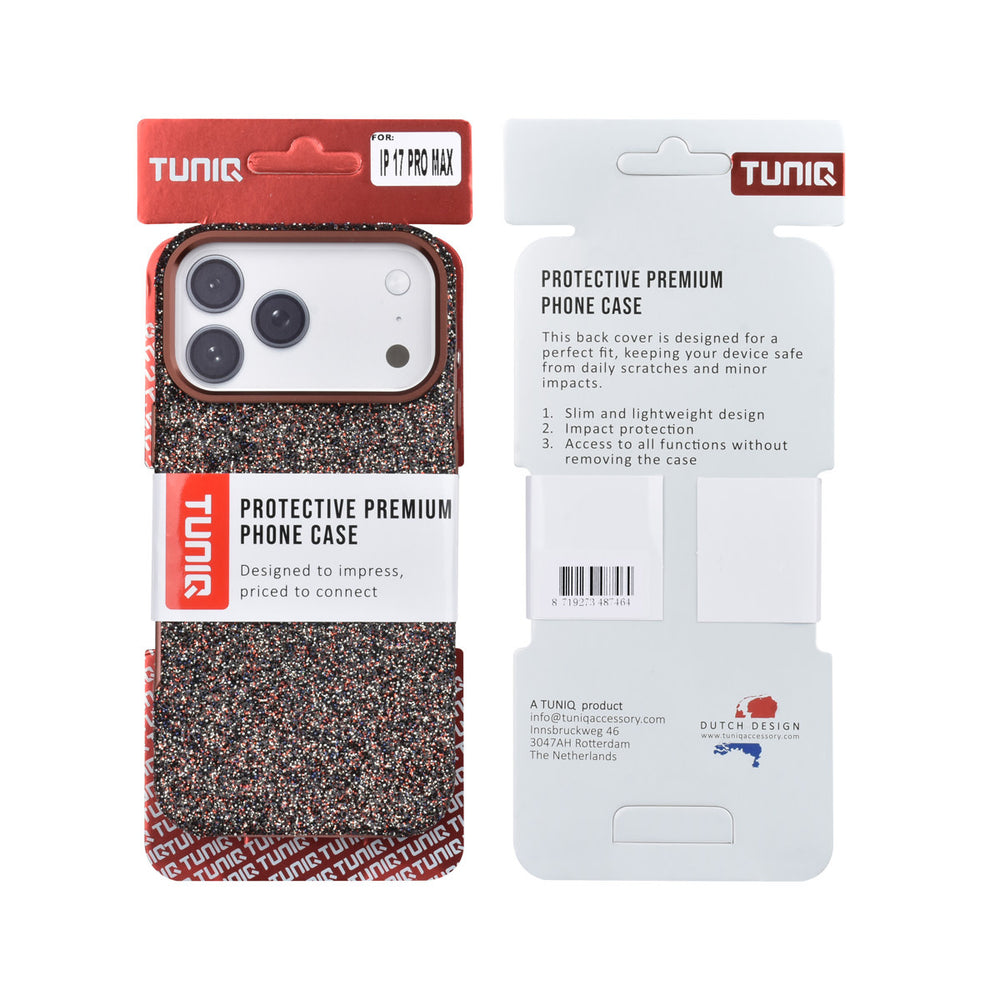 Voor- en achterkant van verpakking van bruin TUNIQ telefoonhoesje met glitters