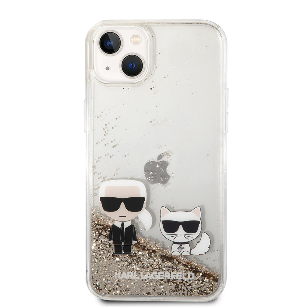 Transparant Karl Lagerfeld telefoonhoesje met goudkleurige glitters, Karl en Choupette, van achteren