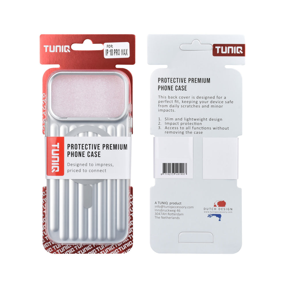 Voor- en achterkant van verpakking van zilverkleurig TUNIQ telefoonhoesje met verticale ribbels en ring