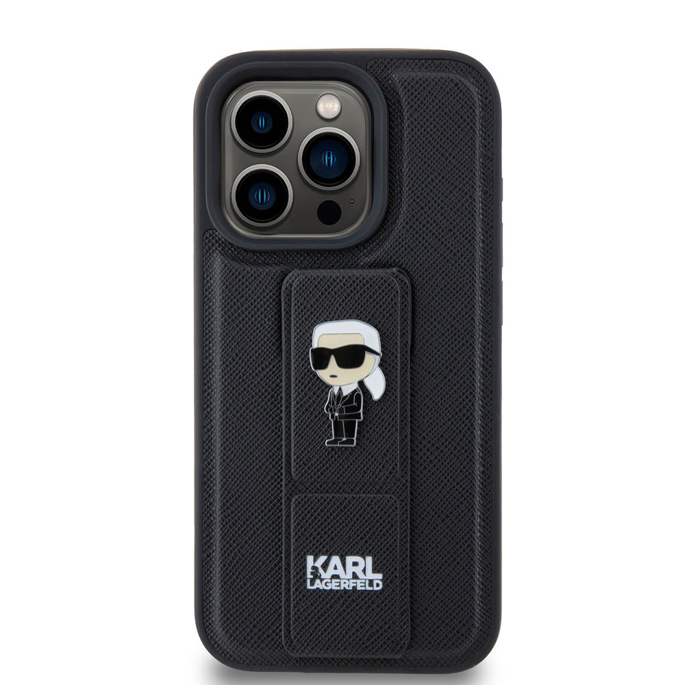 Zwart Karl Lagerfeld telefoonhoesje met handgreep en Karl-figuur, van achteren