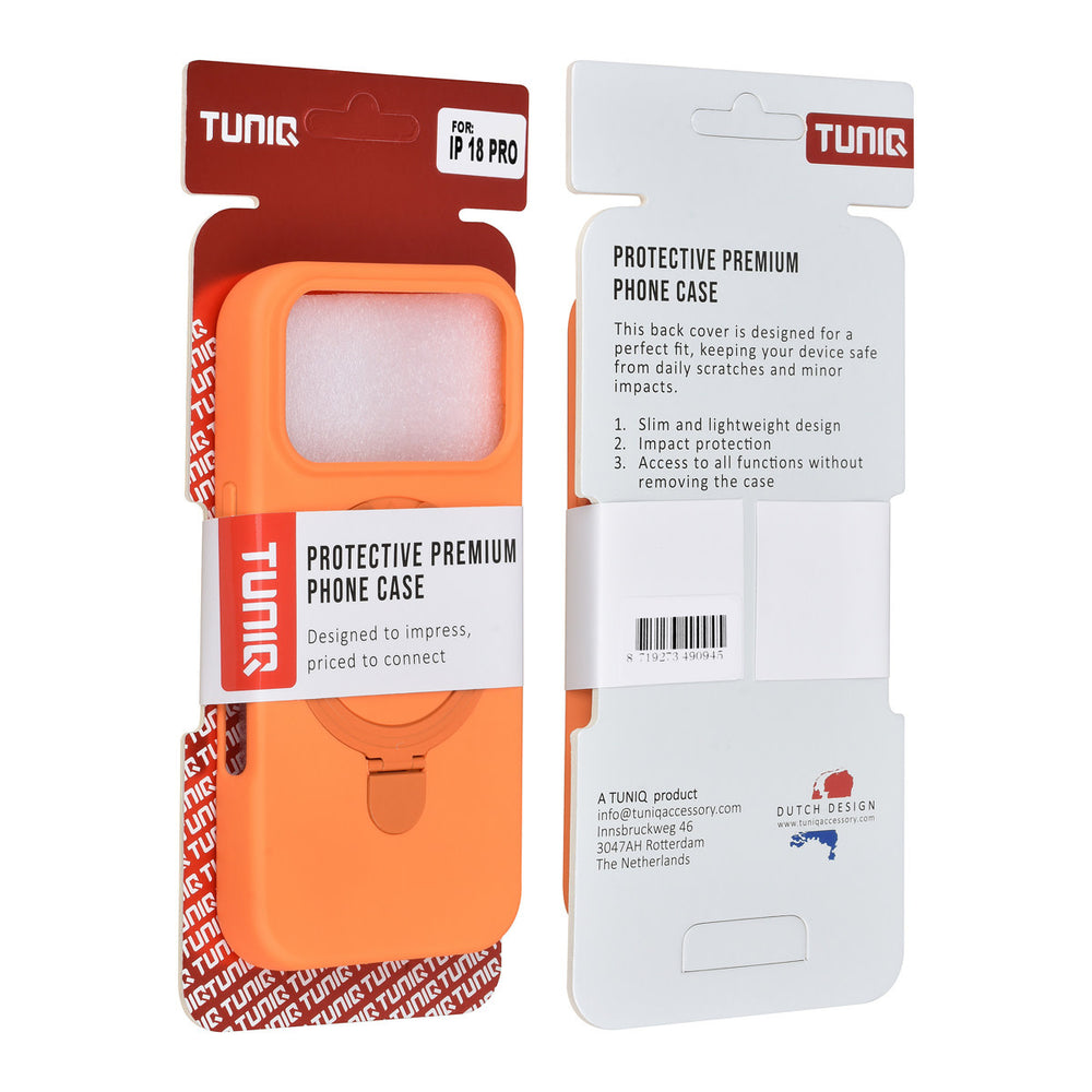 Voor- en achterkant van verpakking van oranje TUNIQ telefoonhoesje met ringstandaard