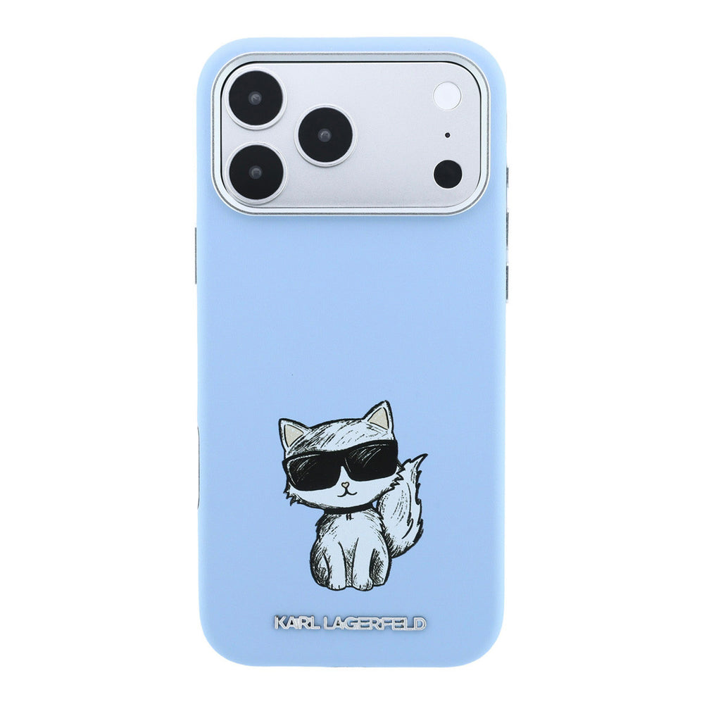 Lichtblauw Karl Lagerfeld telefoonhoesje met figuur van Choupette, van achteren
