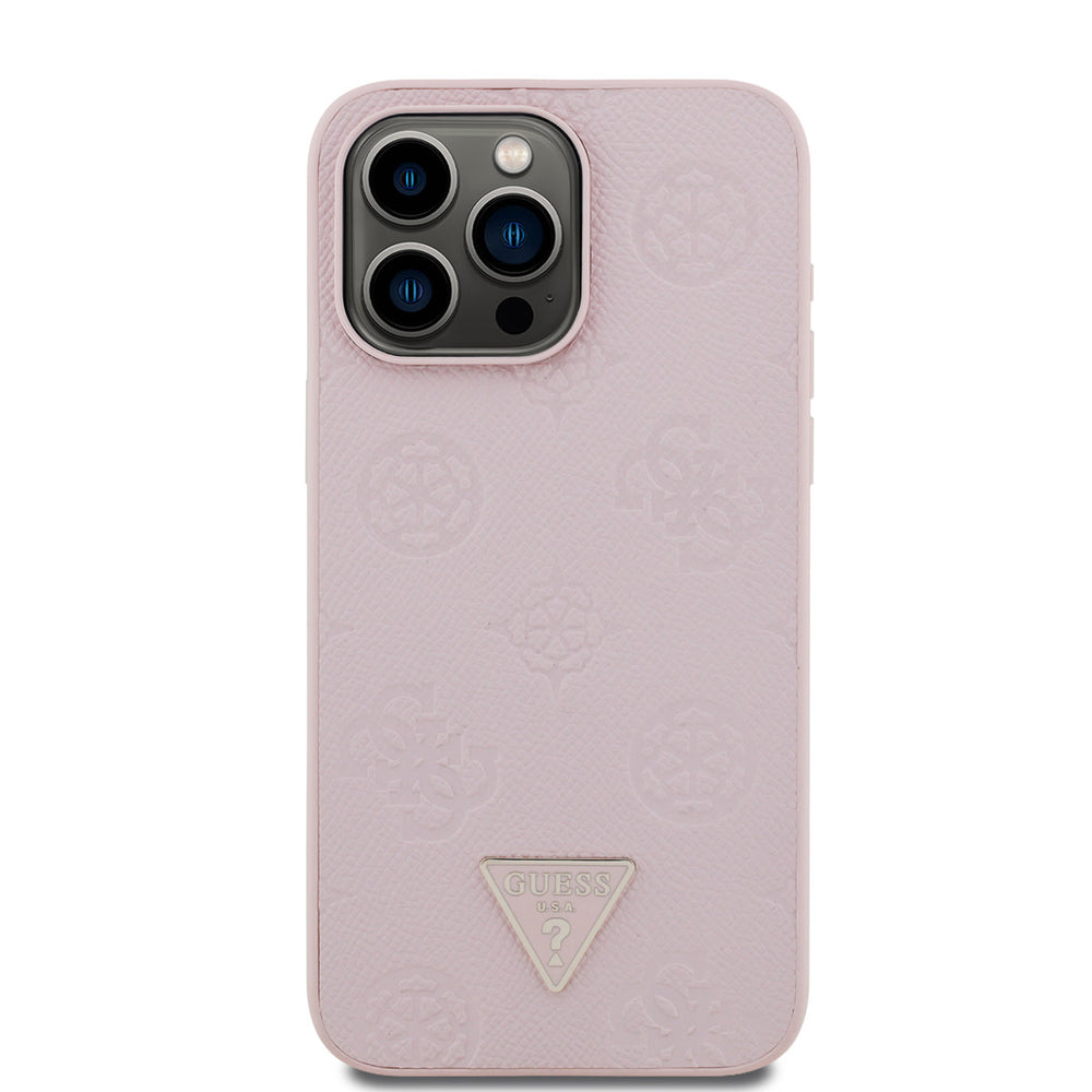 Roze Guess telefoonhoesje met bloemenpatroon en driehoekslogo, van achteren
