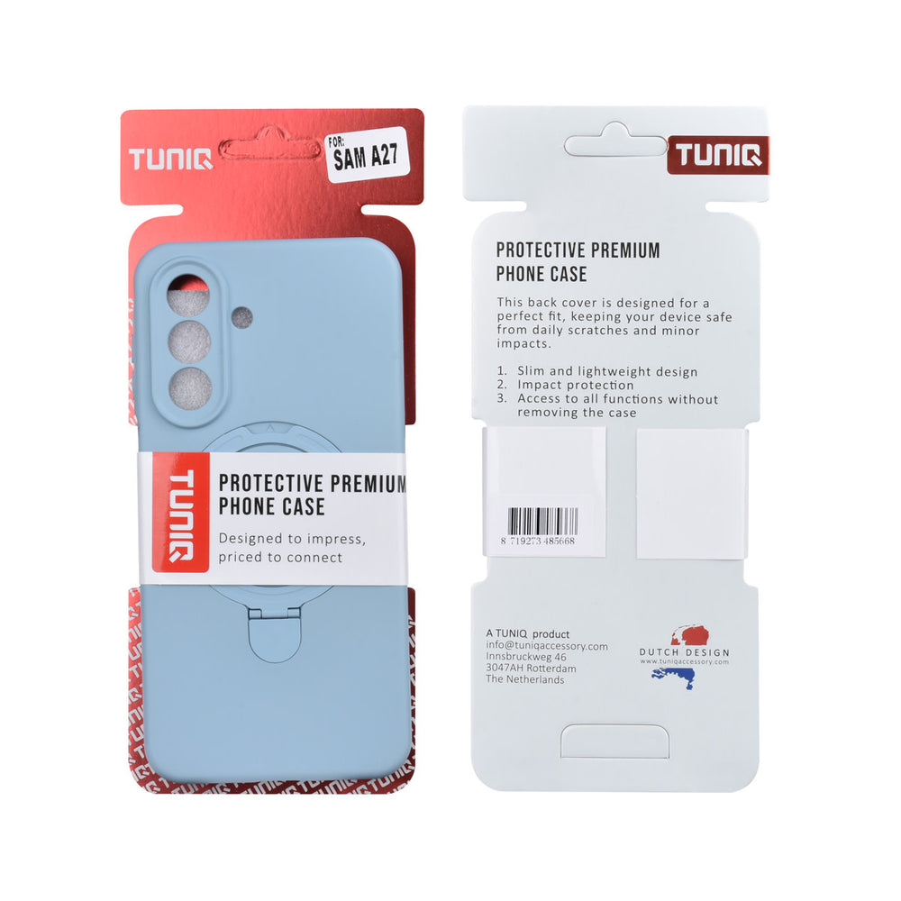 Voor- en achterkant van verpakking van lichtblauw TUNIQ telefoonhoesje met ringstandaard