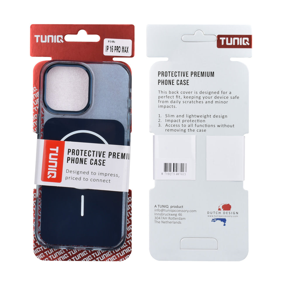Voor- en achterkant van verpakking van blauw TUNIQ telefoonhoesje met witte ring