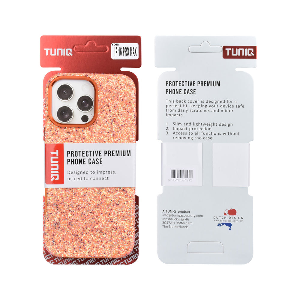 Voor- en achterkant van verpakking van oranje TUNIQ telefoonhoesje met glitters