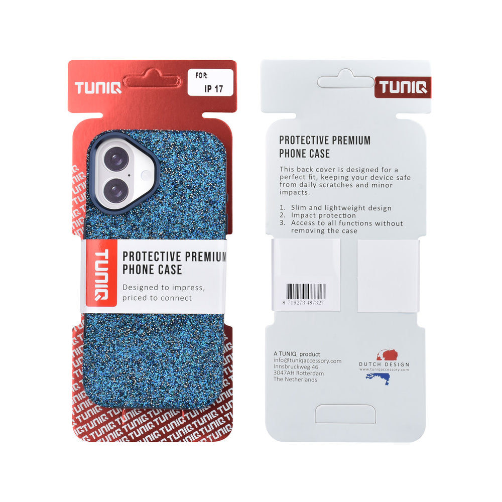 Voor- en achterkant van verpakking van blauw TUNIQ telefoonhoesje met glitters