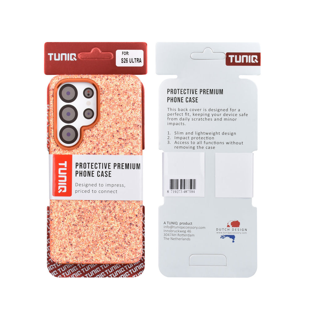 Voor- en achterkant van verpakking van oranje TUNIQ telefoonhoesje met glitters