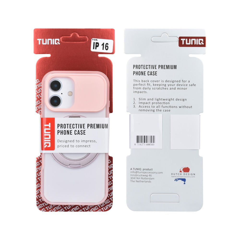 Voor- en achterkant van verpakking van roze TUNIQ telefoonhoesje met glanzende ringstandaard