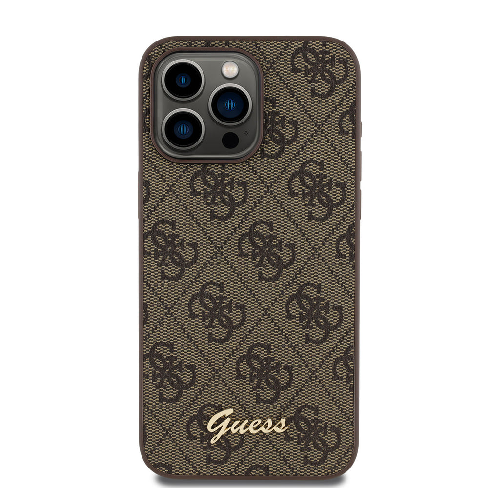 Bruin Guess telefoonhoesje met 4G-patroon en goudkleurig schriftlogo, van achteren