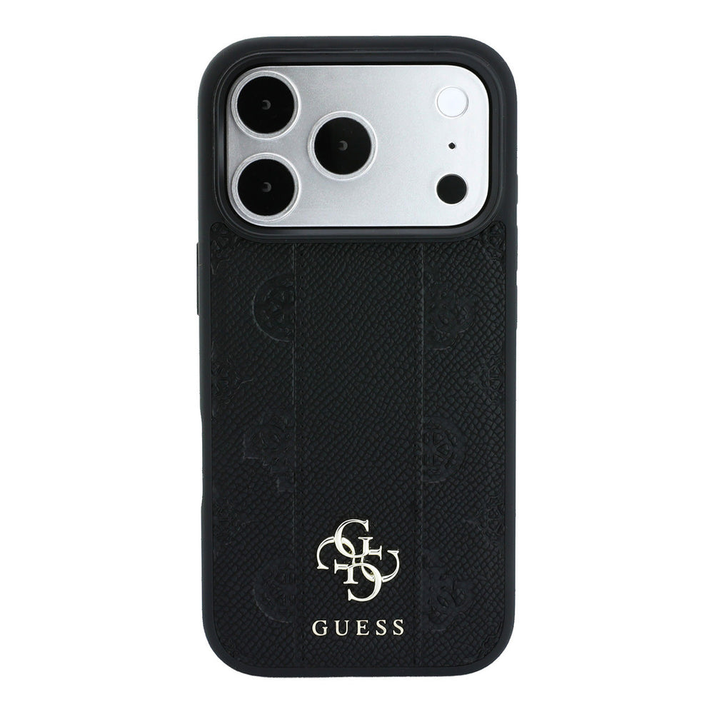 Zwart Guess telefoonhoesje met bloemenpatroon, verticale banen en 4G-logo, van achteren