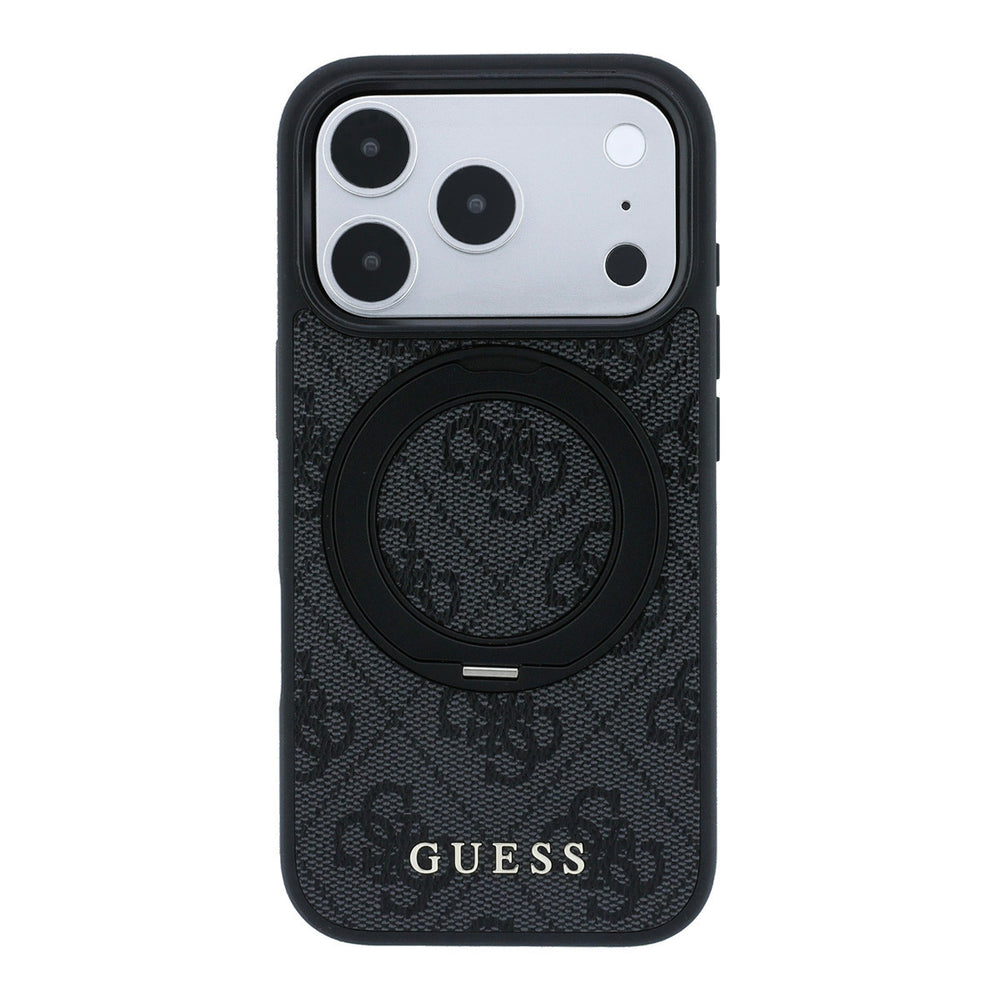 Zwart Guess telefoonhoesje met 4G-patroon met ingeklapte ringstandaard, van achteren