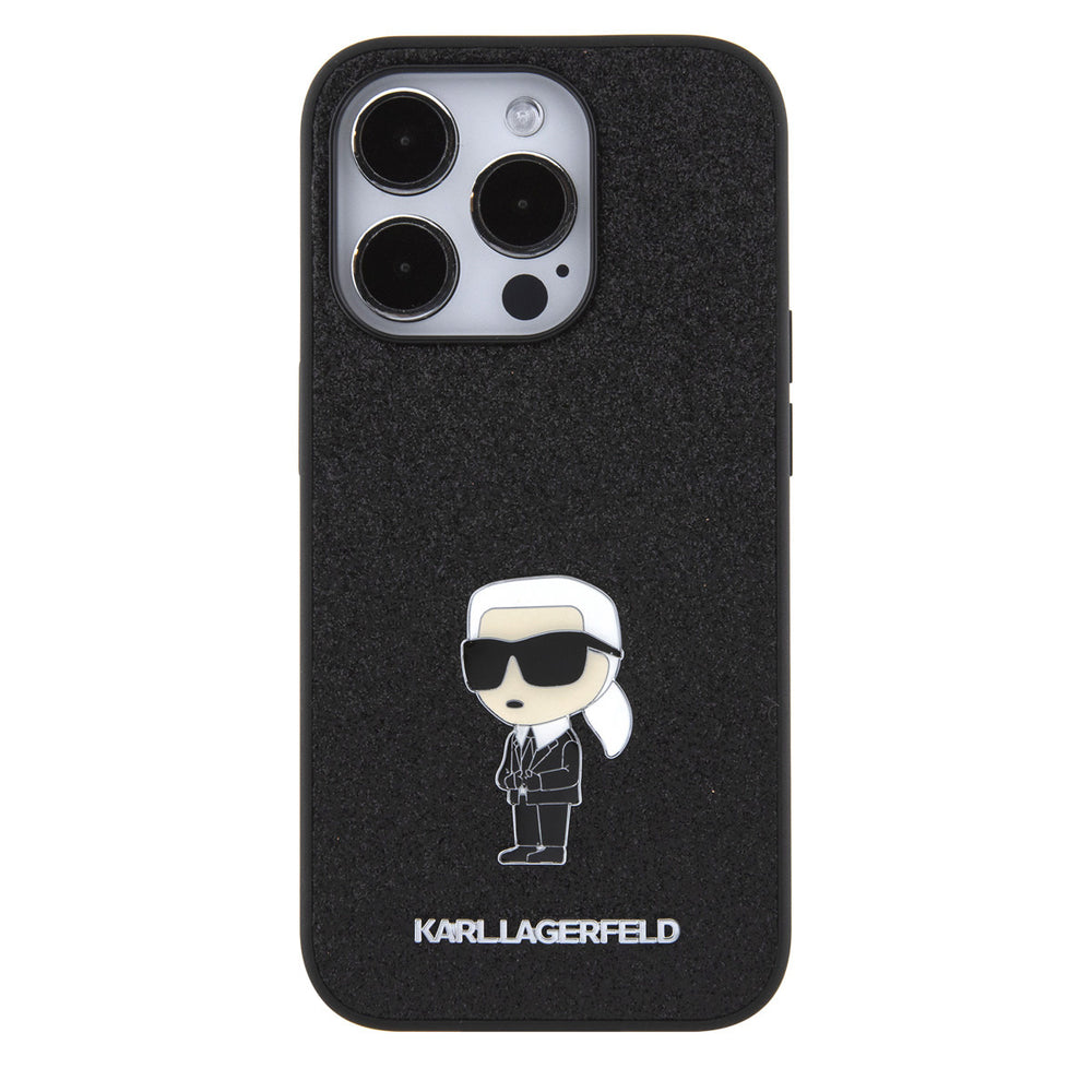 Zwart Karl Lagerfeld telefoonhoesje met glitters en kleine Karl-figuur, van achteren