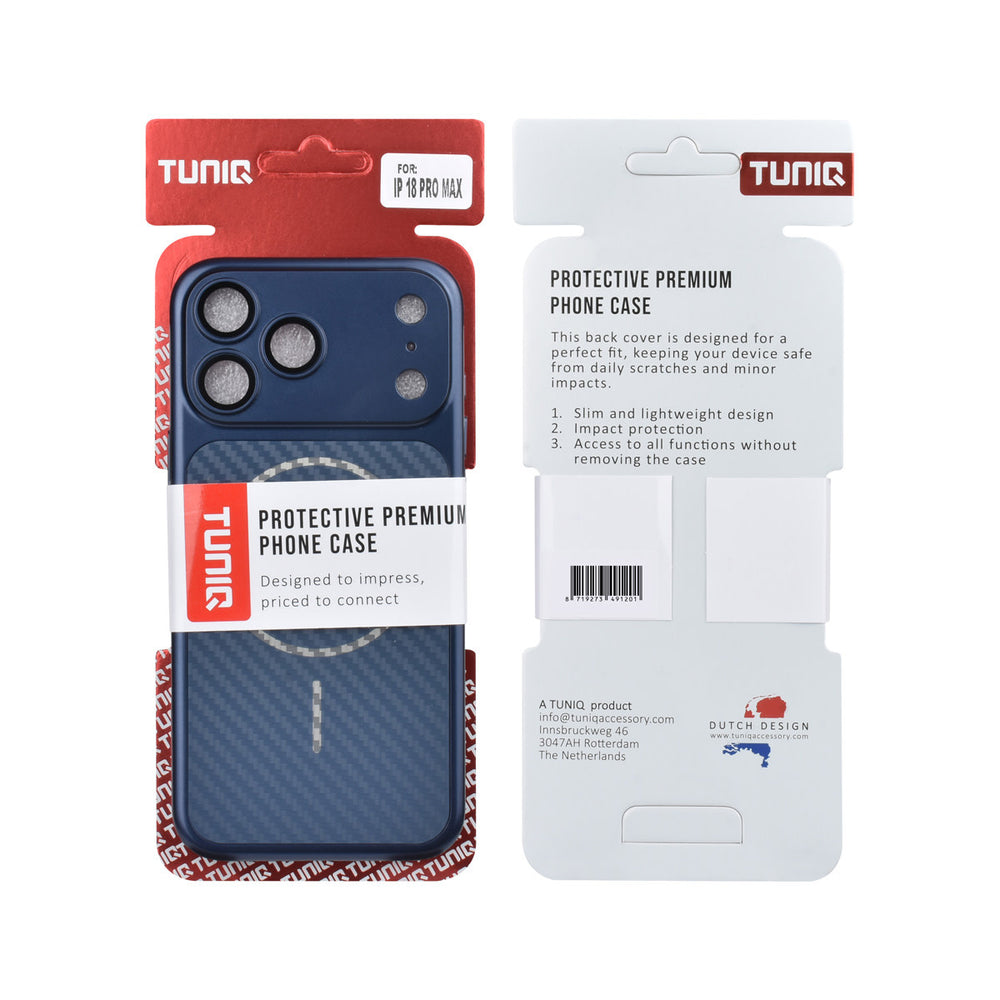 Voor- en achterkant van verpakking van blauw TUNIQ telefoonhoesje met diagonaal patroon en ring