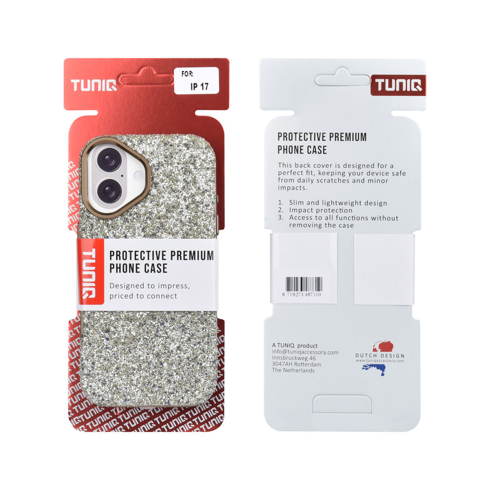 Voor- en achterkant van verpakking van tUNIQ telefoonhoesje met lichte glitters en goudkleurige rand