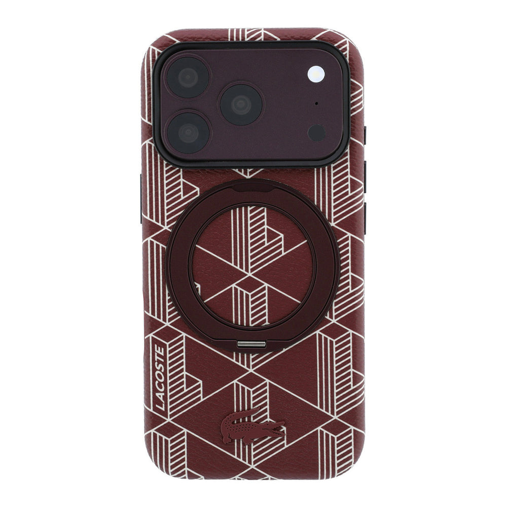 Bordeauxrood Lacoste telefoonhoesje met geometrisch patroon met ingeklapte ringstandaard, van achteren