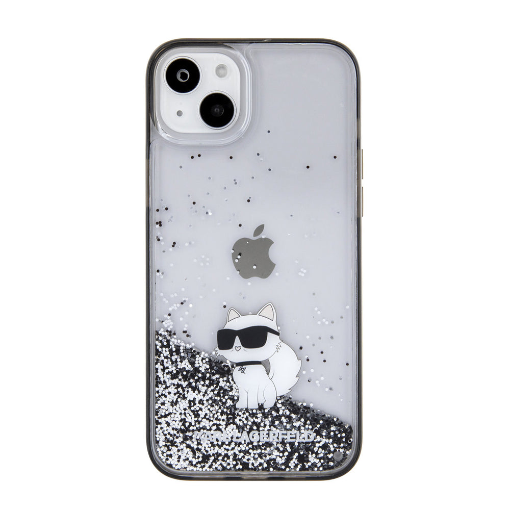 Transparant Karl Lagerfeld telefoonhoesje met zilverkleurige glitters en Choupette-kat, van achteren