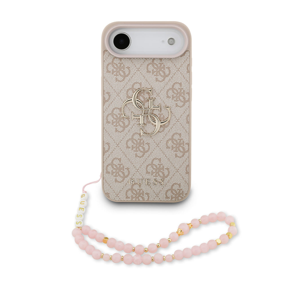 Lichtgekleurd Guess telefoonhoesje met 4G-patroon en roze-wit parelkoord van achteren