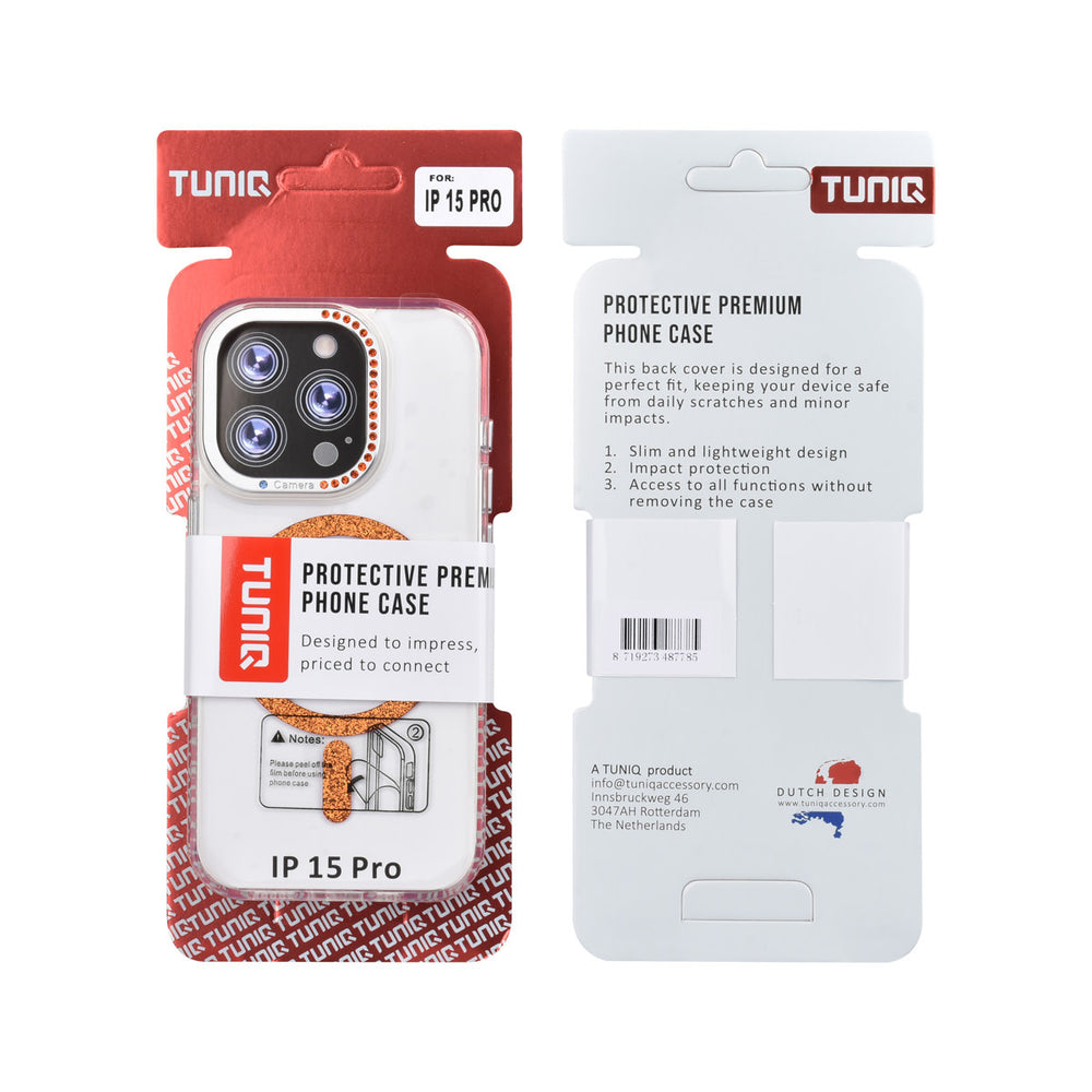 Voor- en achterkant van verpakking van transparant TUNIQ telefoonhoesje met oranje glitterring en rand