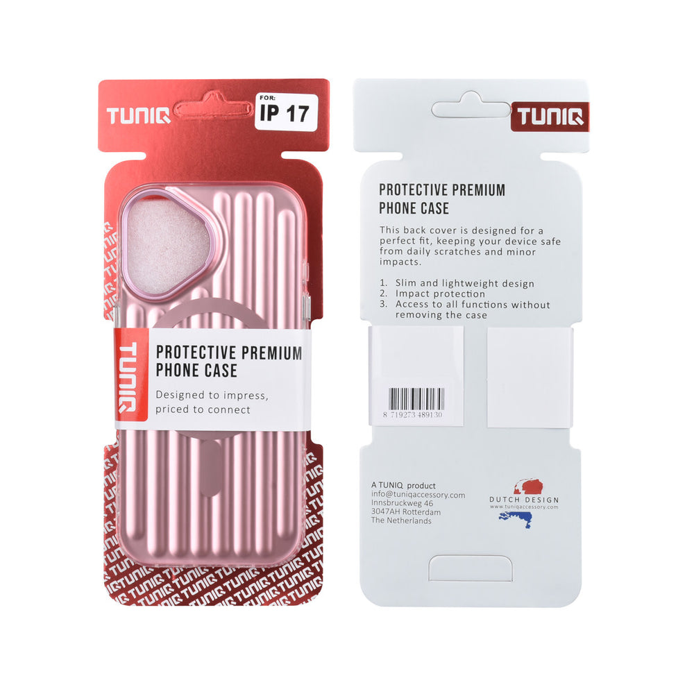 Voor- en achterkant van verpakking van roze TUNIQ telefoonhoesje met verticale ribbels en ring