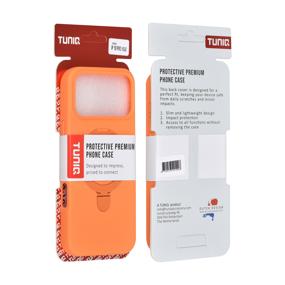 Voor- en achterkant van verpakking van oranje TUNIQ telefoonhoesje met ringstandaard