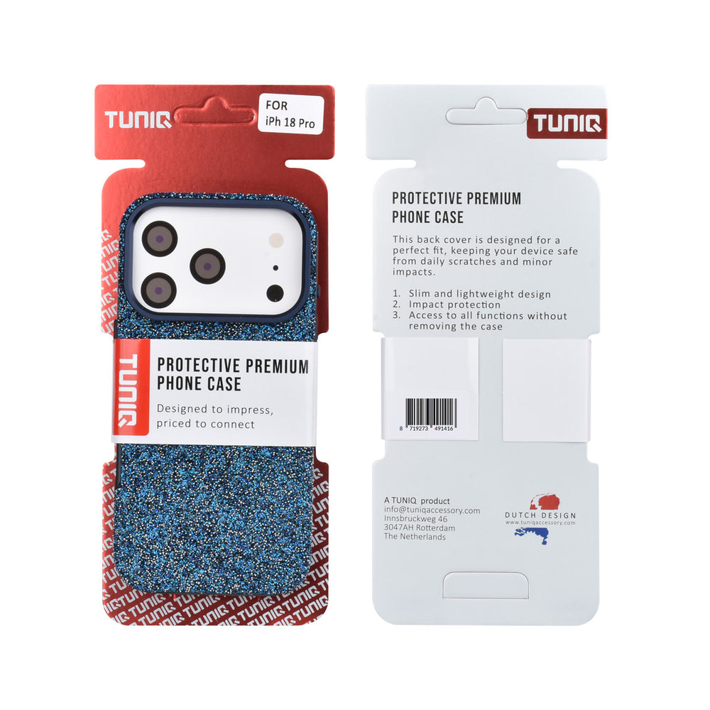 Voor- en achterkant van verpakking van blauw TUNIQ telefoonhoesje met glitters