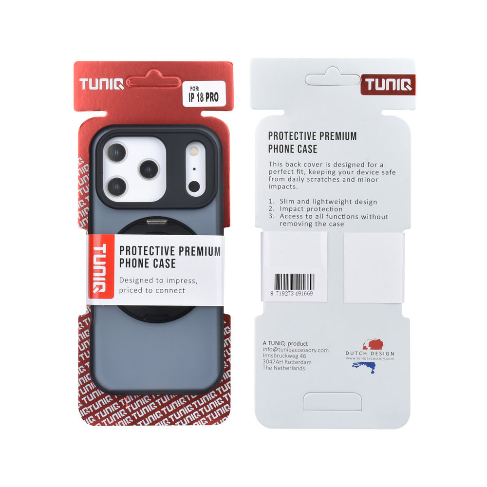Voor- en achterkant van verpakking van zwart TUNIQ telefoonhoesje met glanzende ringstandaard