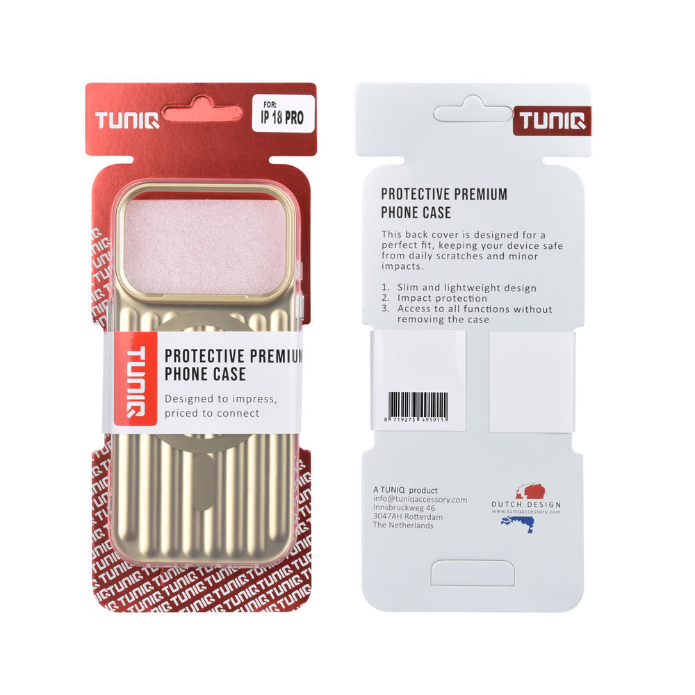 Voor- en achterkant van verpakking van goudkleurig TUNIQ telefoonhoesje met verticale ribbels en ring
