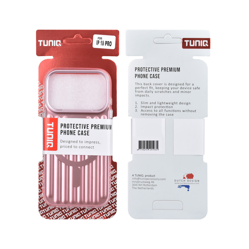 Voor- en achterkant van verpakking van roze TUNIQ telefoonhoesje met verticale ribbels en ring