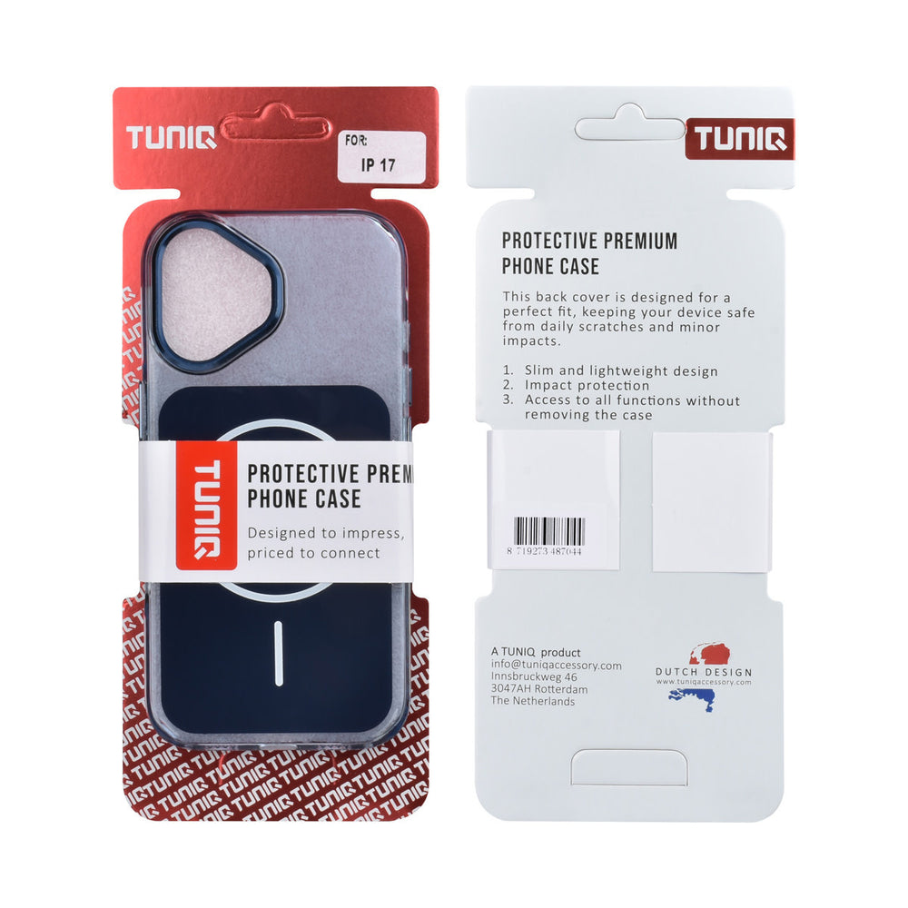 Voor- en achterkant van verpakking van blauw TUNIQ telefoonhoesje met witte ring