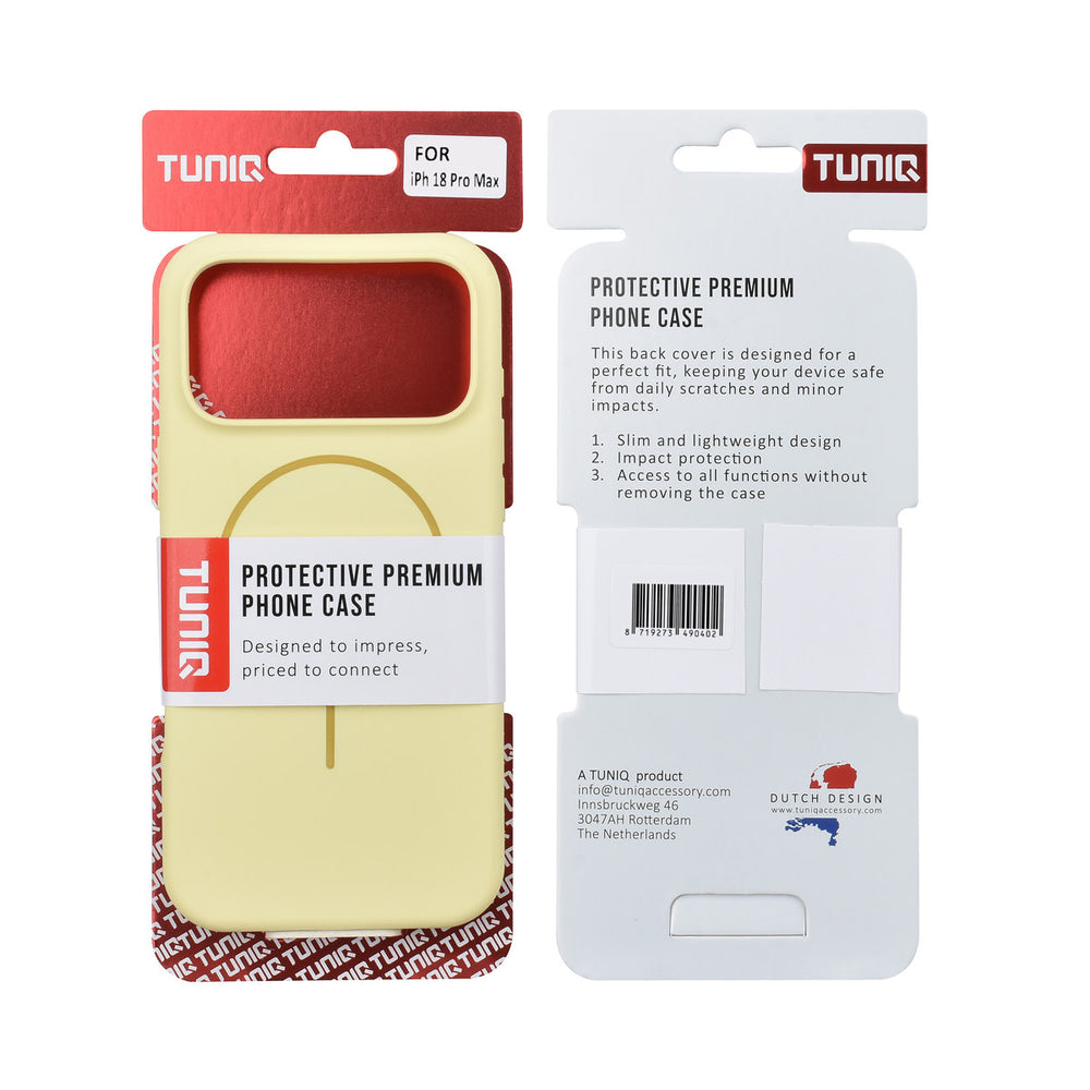 Voor- en achterkant van verpakking van geel TUNIQ telefoonhoesje met ring