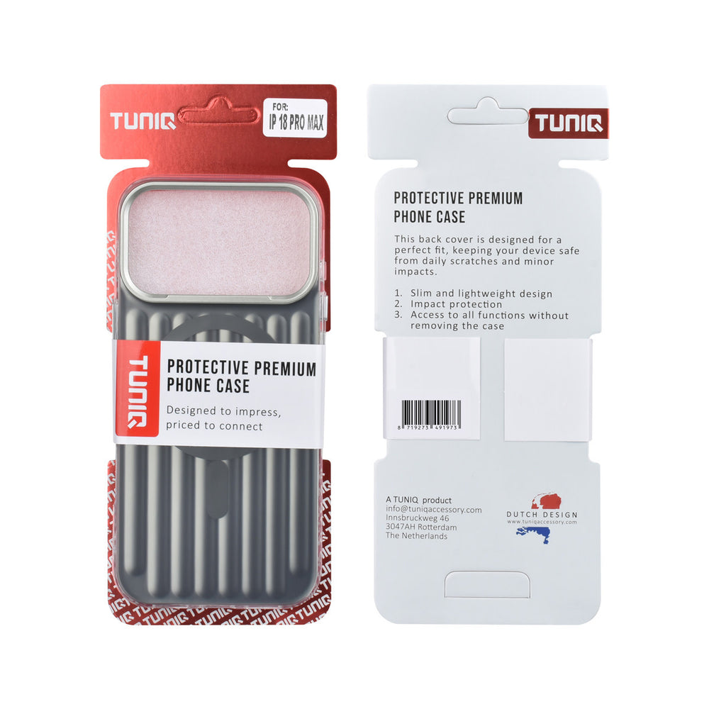 Voor- en achterkant van verpakking van zwart TUNIQ telefoonhoesje met verticale ribbels en ring