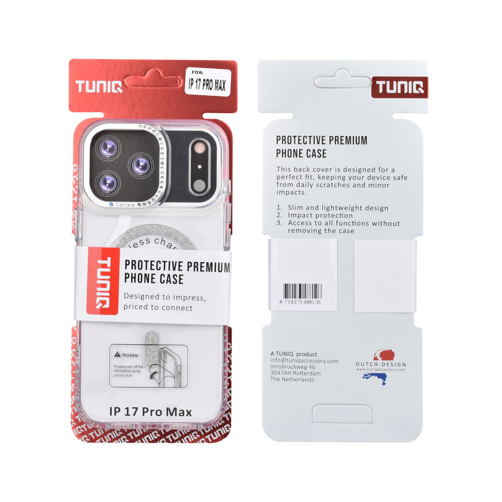 Voor- en achterkant van verpakking van transparant TUNIQ telefoonhoesje met zilverkleurige glitters langs de rand en gebogen ring