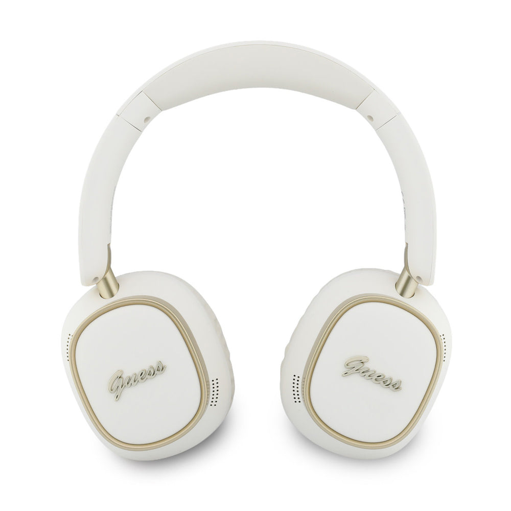 Witte Guess koptelefoon van voren met beide logo’s