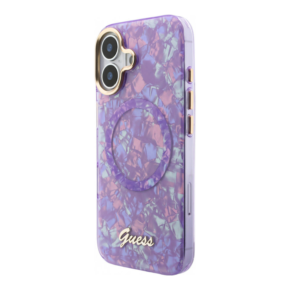 Paars Guess telefoonhoesje met parelmoerpatroon, ring en schriftlogo, vanaf de andere zijkant