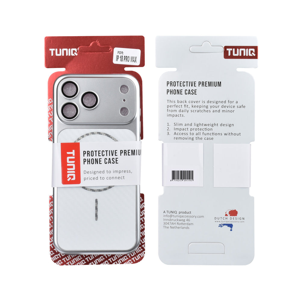 Voor- en achterkant van verpakking van zilverkleurig TUNIQ telefoonhoesje met diagonaal patroon en ring