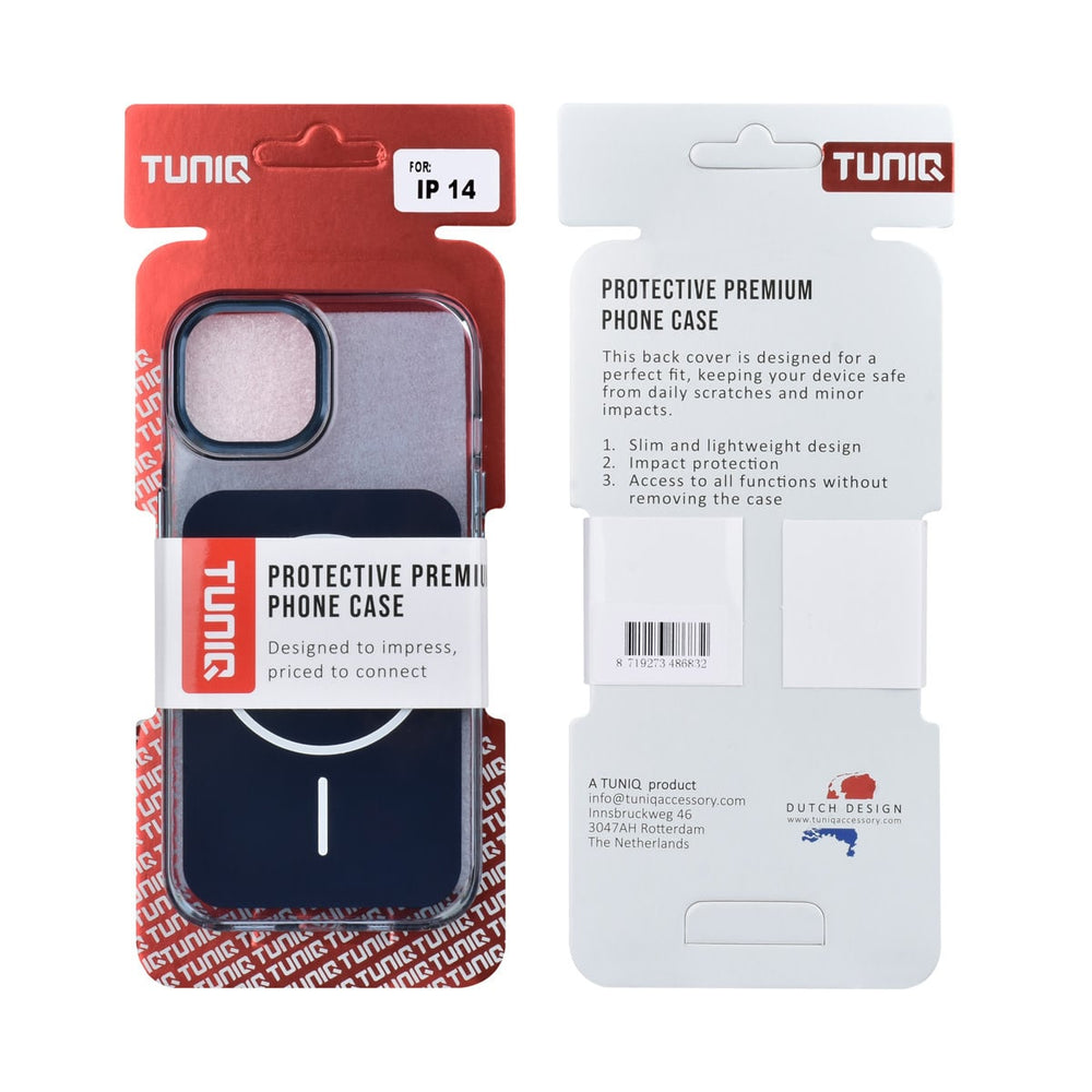 Voor- en achterkant van verpakking van blauw TUNIQ telefoonhoesje met witte ring