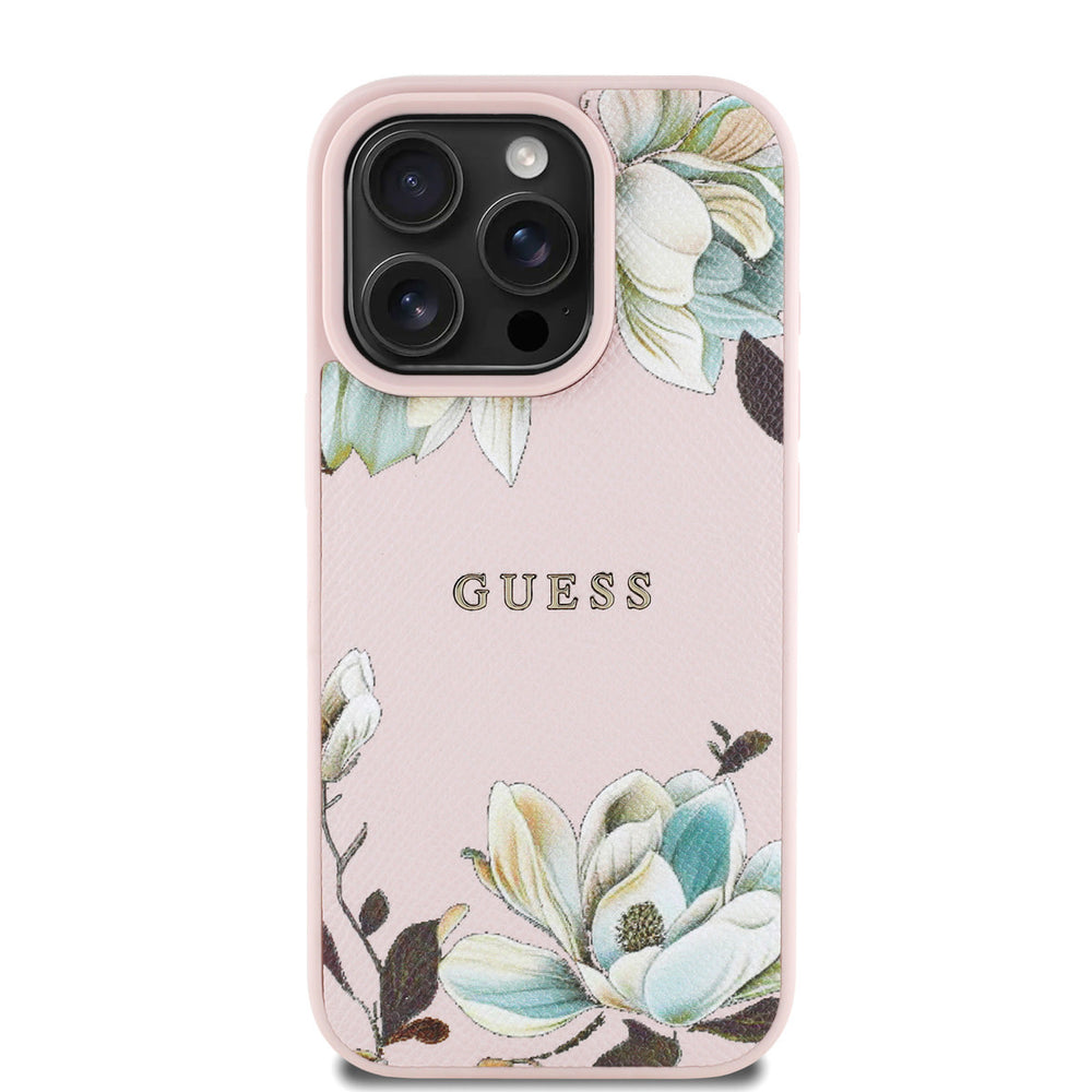Roze Guess telefoonhoesje met witte bloemen en klassiek logo, van achteren