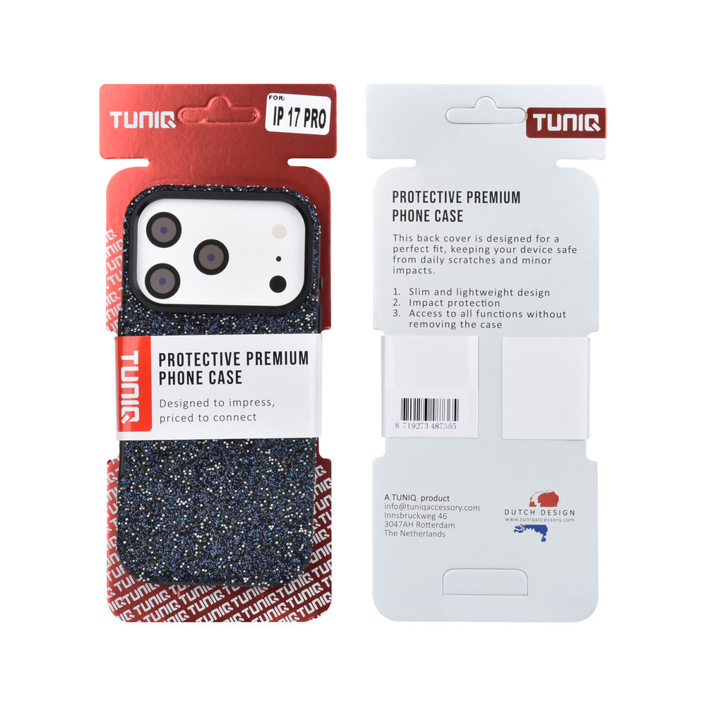 Voor- en achterkant van verpakking van zwart TUNIQ telefoonhoesje met glitters