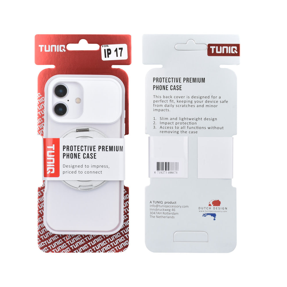 Voor- en achterkant van verpakking van wit TUNIQ telefoonhoesje met glanzende ringstandaard